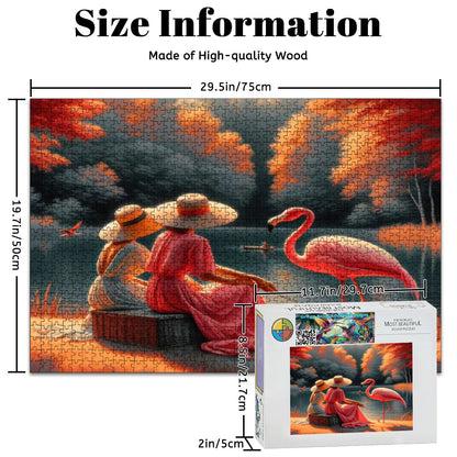 Two Ladies with a Flamingo Wooden Jigsaw Puzzles 1000 pcs - Gregg Acini Adoree Designs - Jigsaw Puzzle