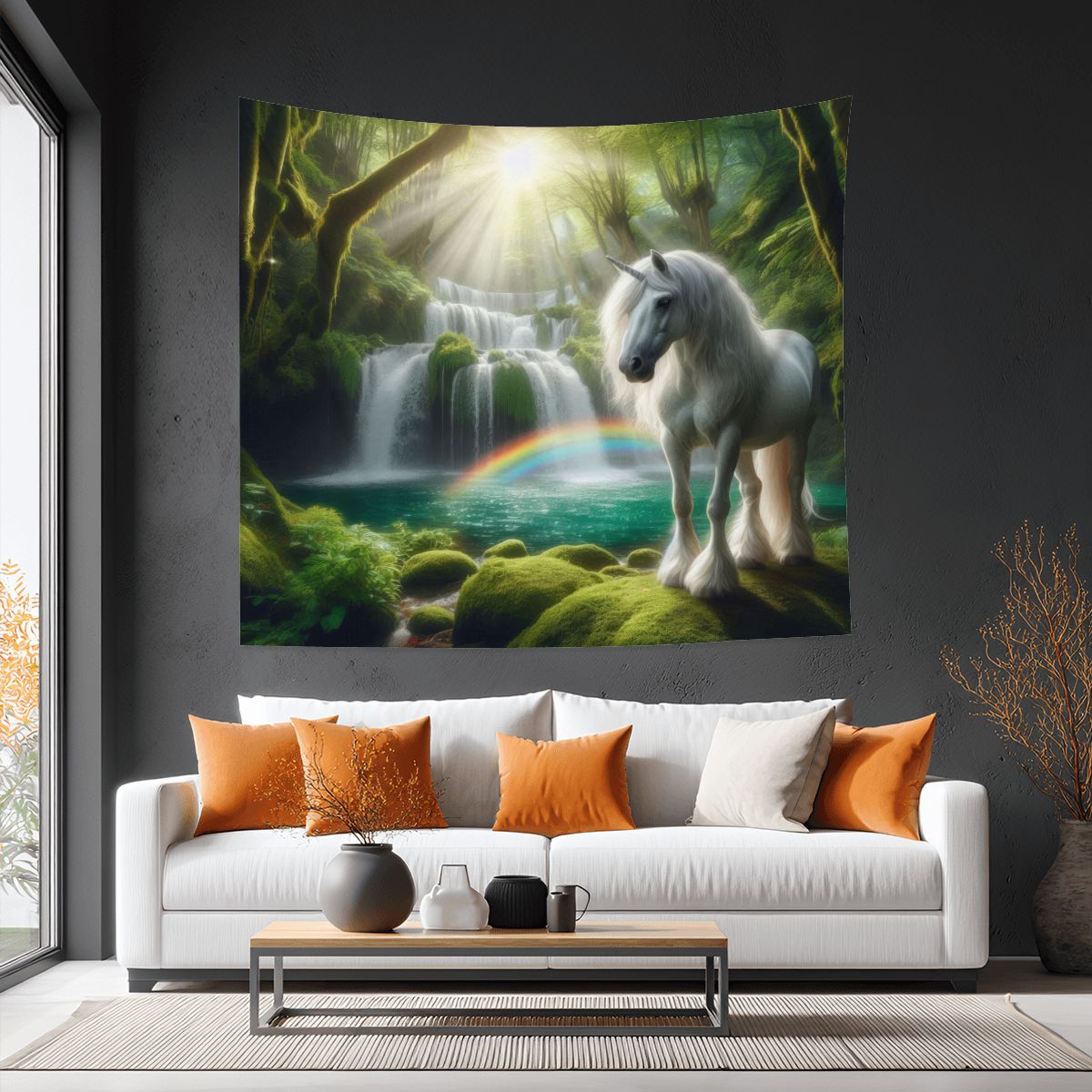 Unicorn by a Waterfall Lightweight Wall Tapestry (Fabric Wall Hanging - USA) - Gregg Acini Adoree Designs - Wall Coverings