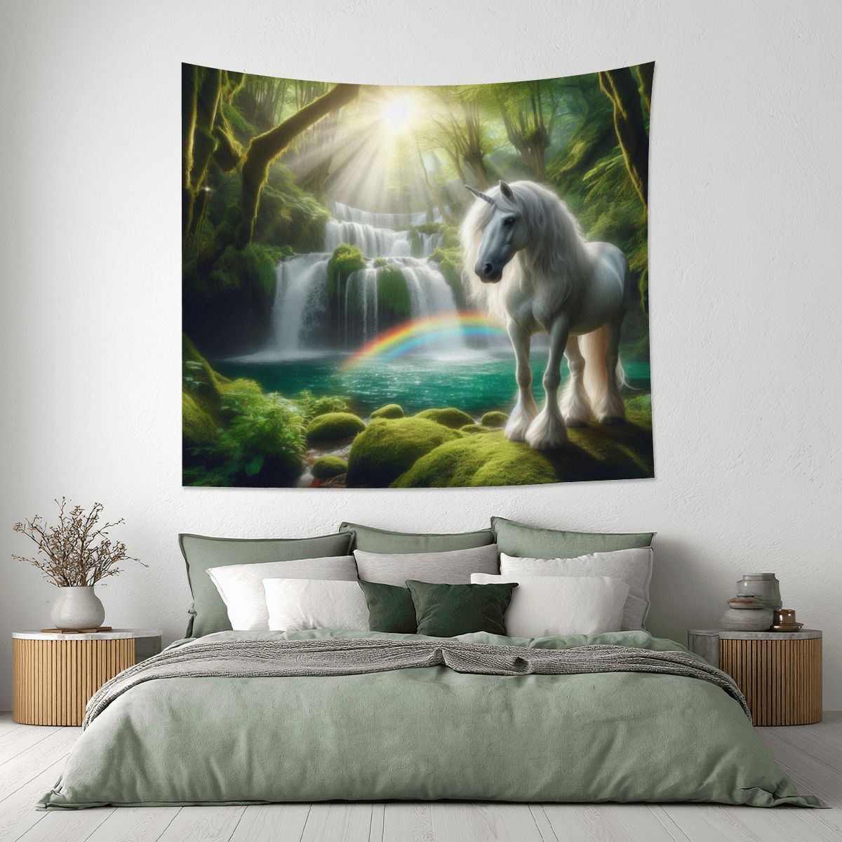 Unicorn by a Waterfall Lightweight Wall Tapestry (Fabric Wall Hanging - USA) - Gregg Acini Adoree Designs - Wall Coverings