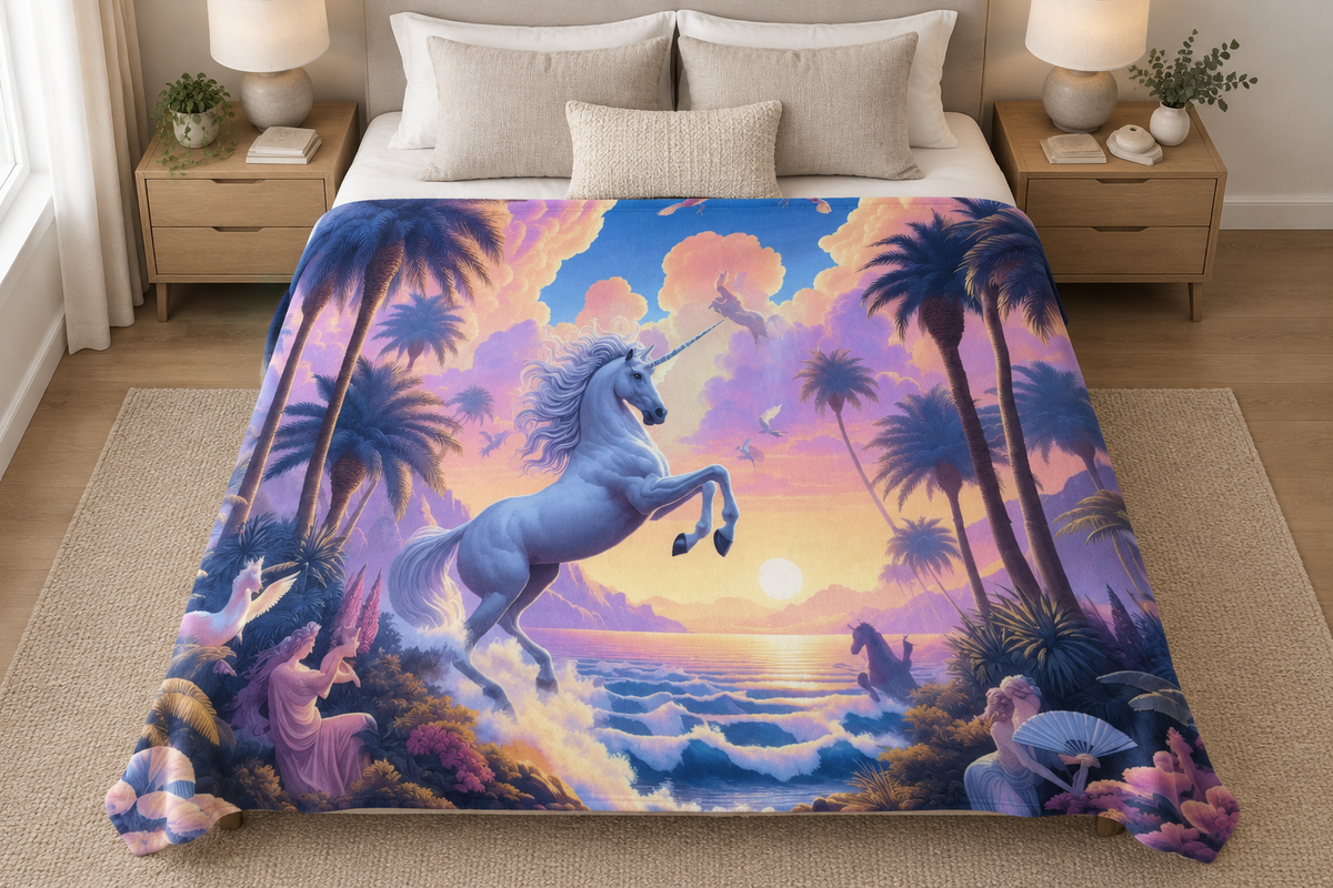 Unicorn Fantasy blanket on a bed