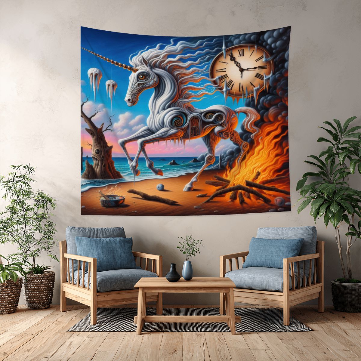 Unicorn in the style of Dali Lightweight Wall Tapestry (Fabric Wall Hanging - USA) - Gregg Acini Adoree Designs - Wall Coverings