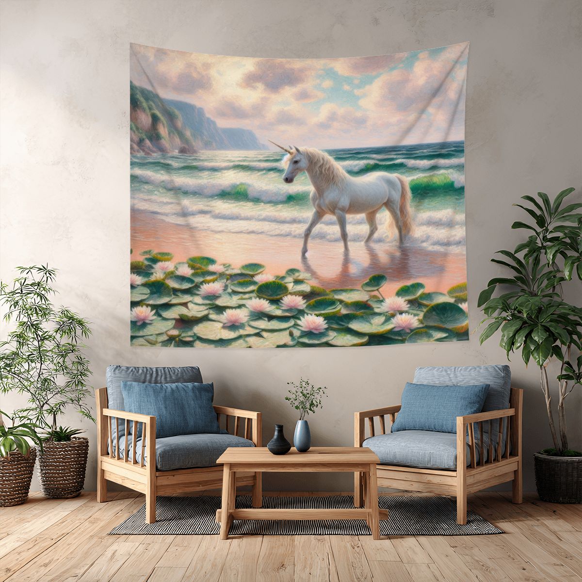 Unicorn Near the Ocean Lightweight Wall Tapestry (Fabric Wall Hanging - USA) - Gregg Acini Adoree Designs - Wall Coverings