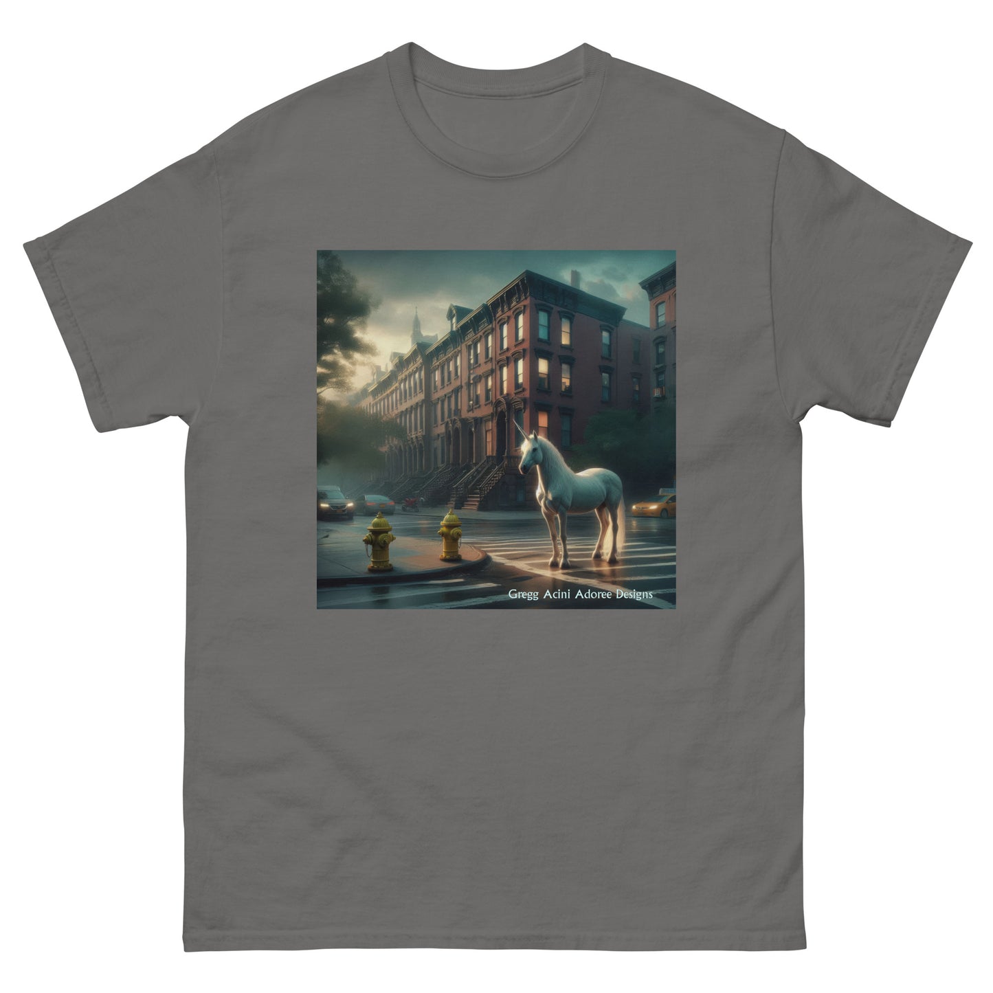 Unicorn in the City Unisex classic tee by Gregg Acini Adoree Designs