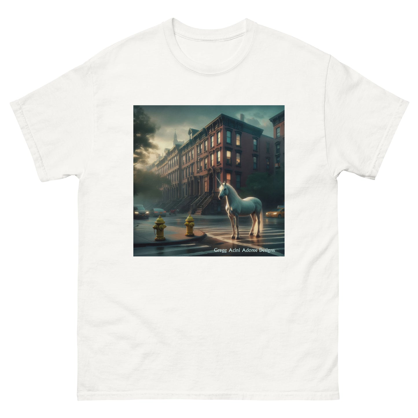 Unicorn in the City Unisex classic tee by Gregg Acini Adoree Designs