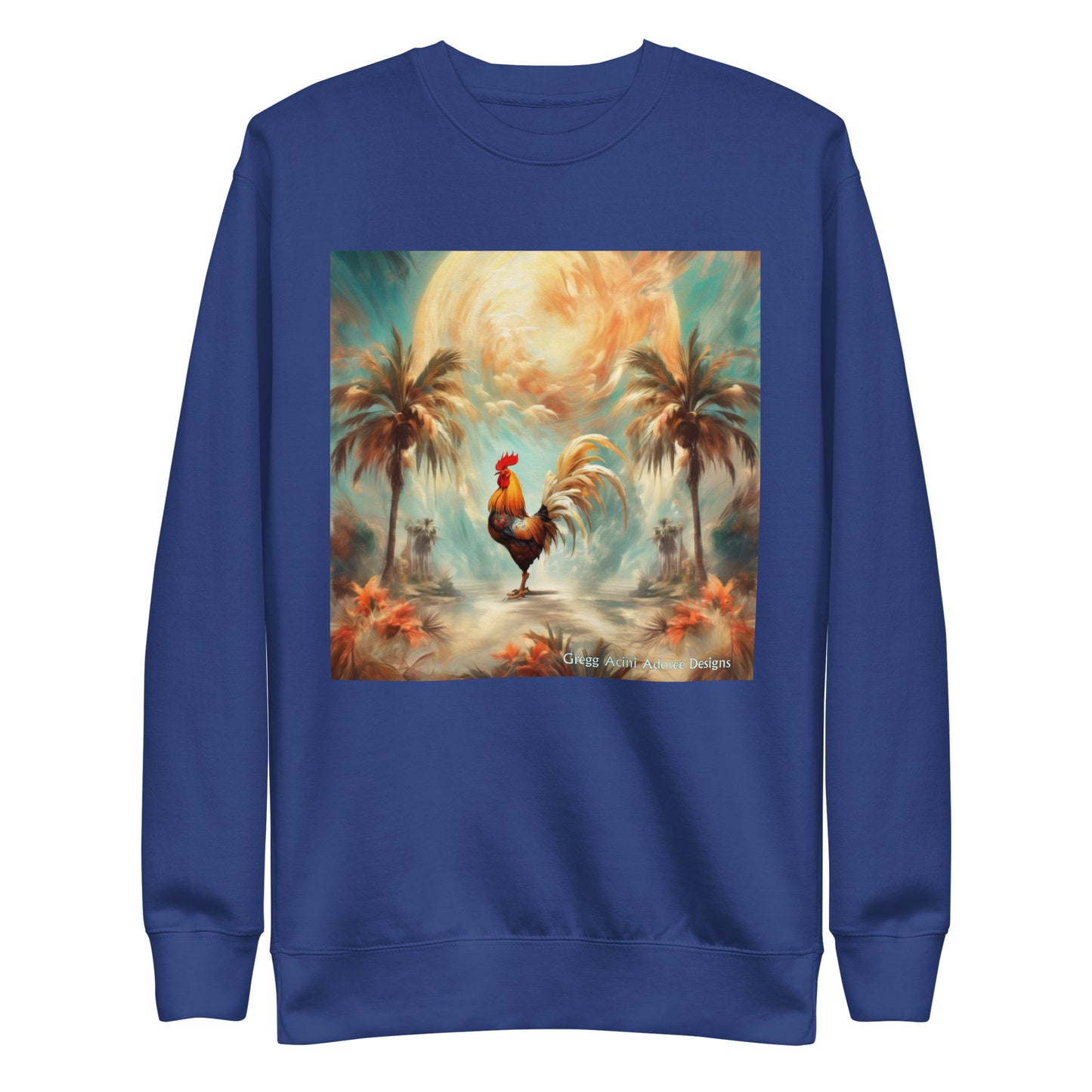 Rooster and Palms Unisex Premium Sweatshirt by Gregg Acini Adoree Designs