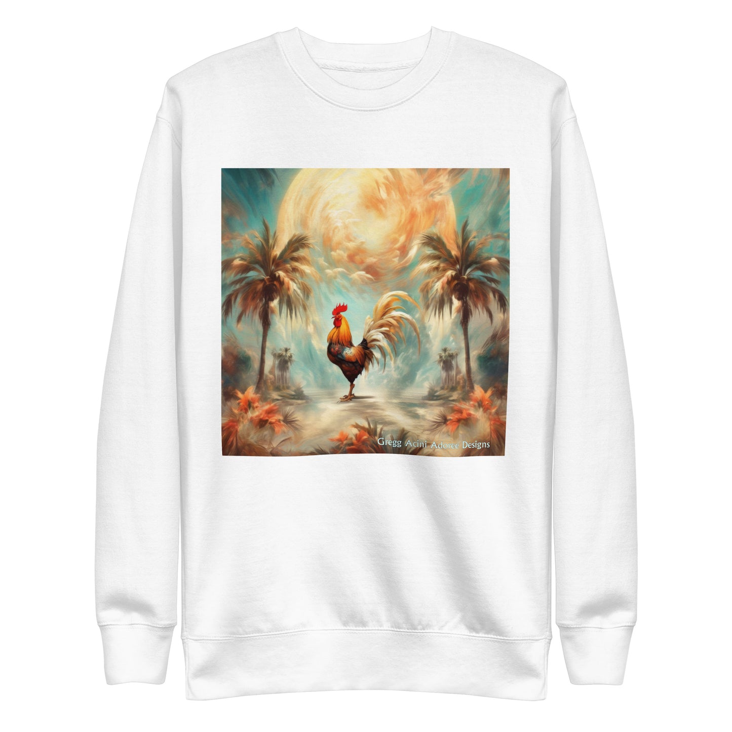 Rooster and Palms Unisex Premium Sweatshirt by Gregg Acini Adoree Designs