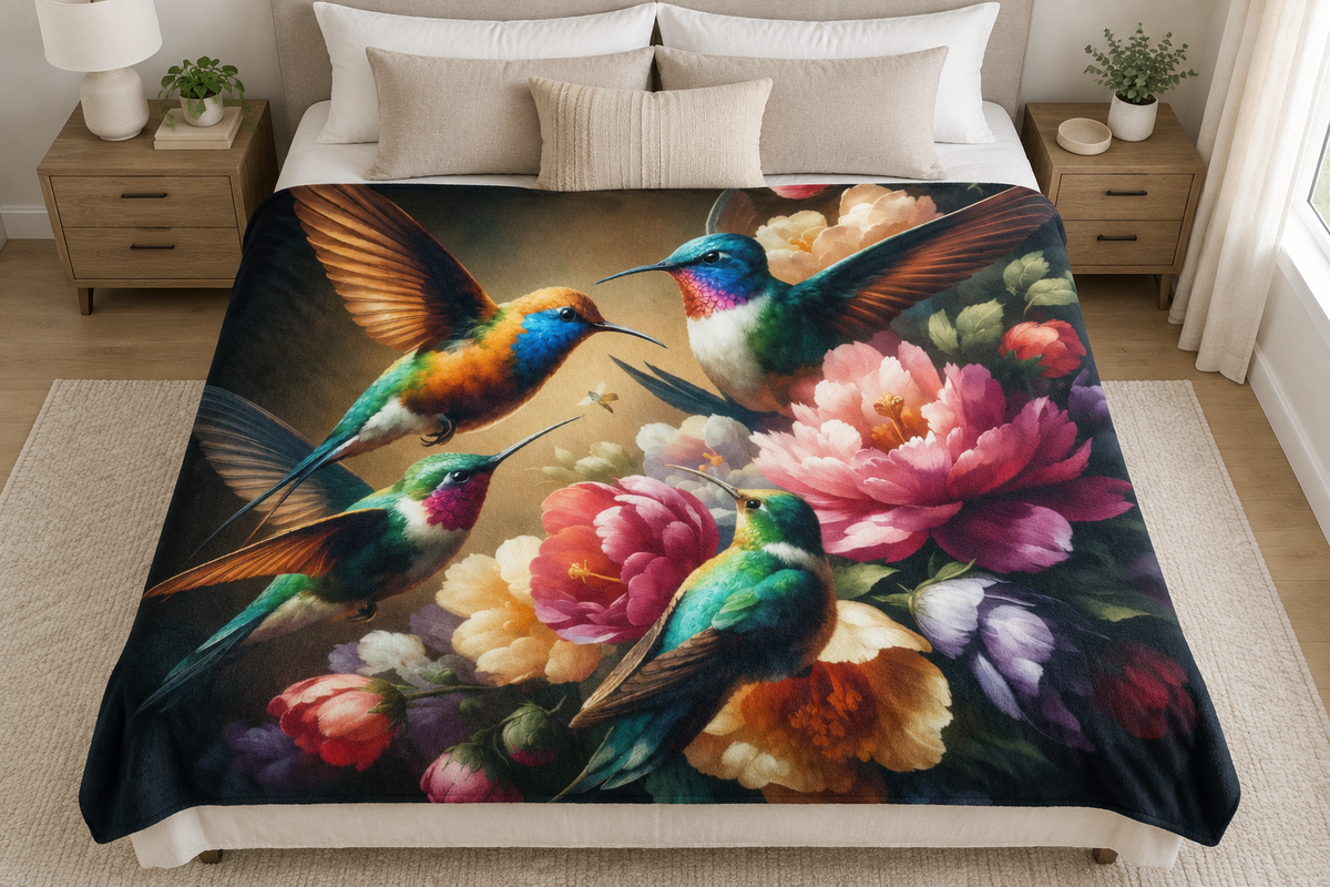 Vibrant Multicolor Hummingbirds blanket on a large bed