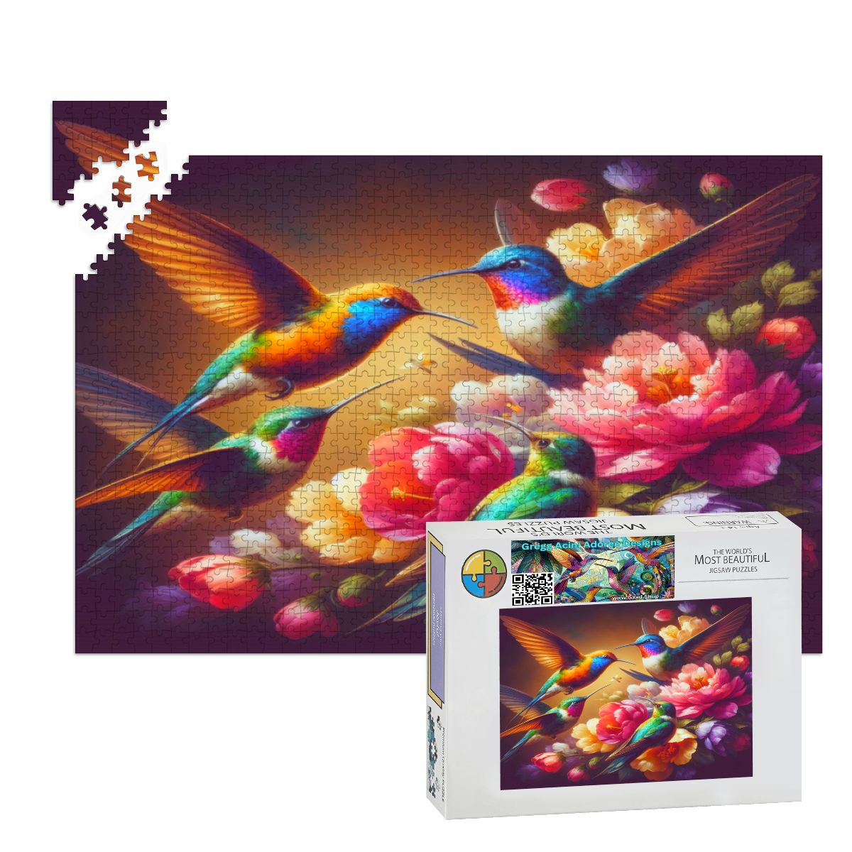 Vibrant Multicolor Hummingbirds Wooden Jigsaw Puzzles 1000 pcs - Gregg Acini Adoree Designs - Jigsaw Puzzle