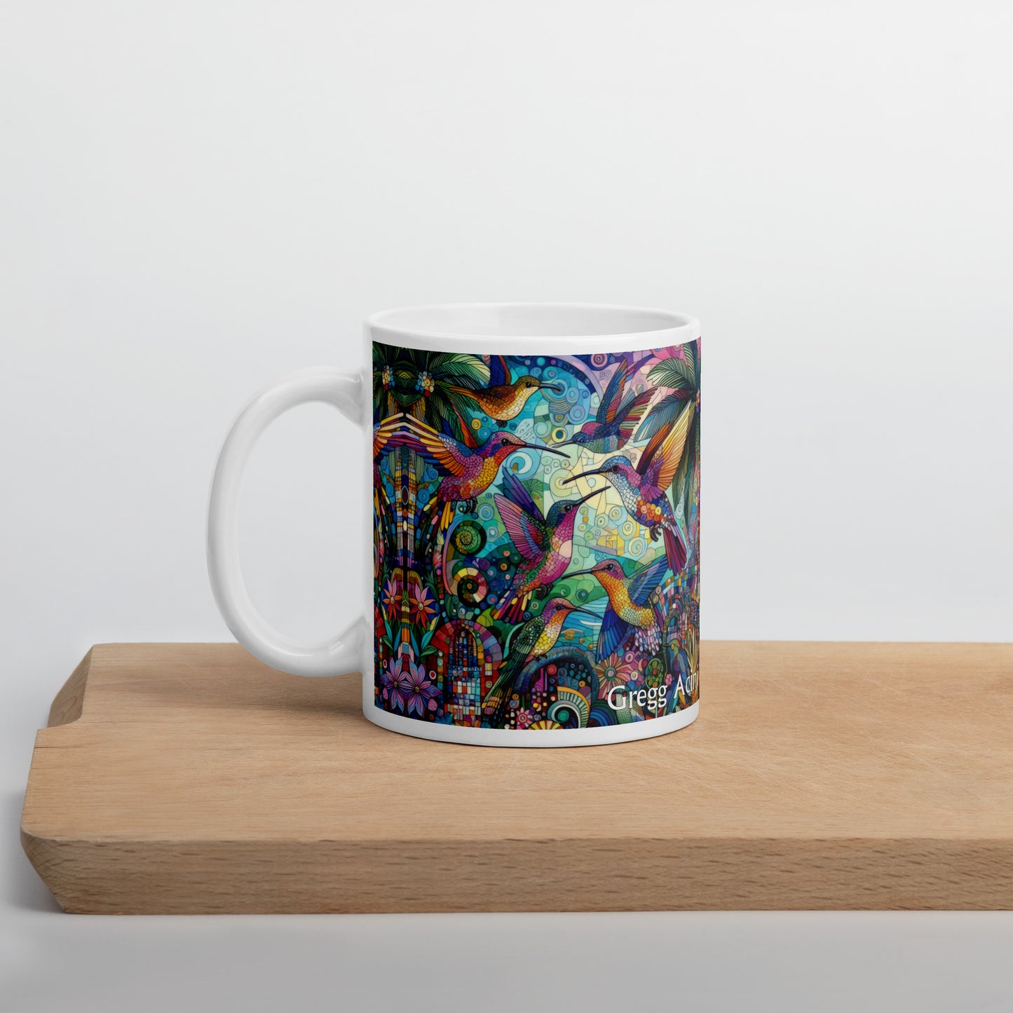 Hummingbird Kaleidoscope White glossy mug by Gregg Acini Adoree Designs