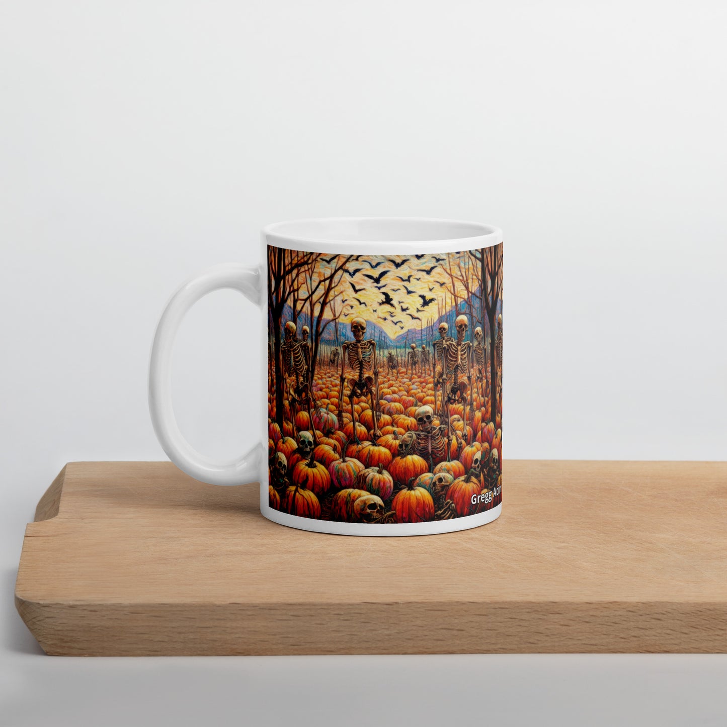 Halloween Skeletons and Pumpkins White glossy mug by Gregg Acini Adoree Designs