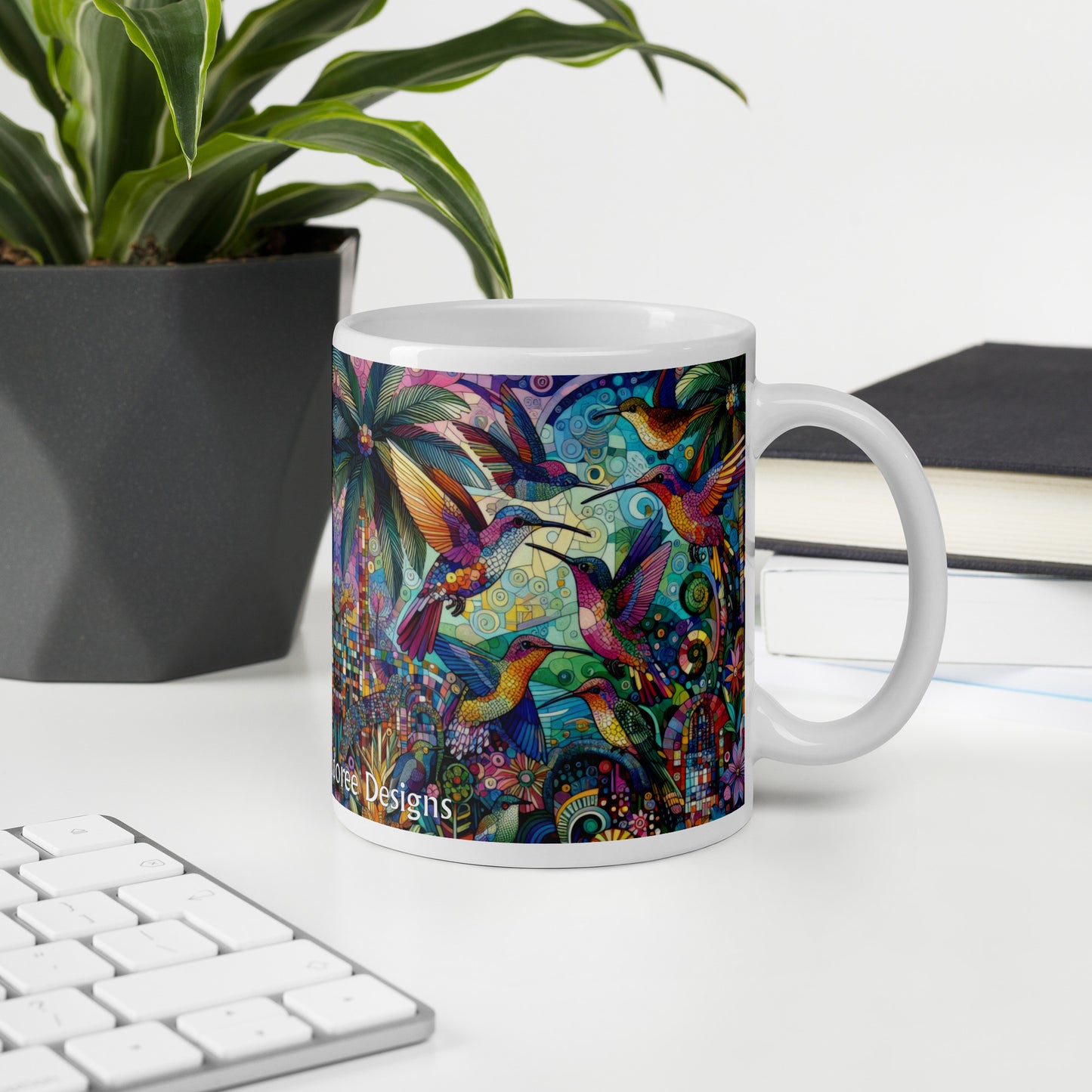 Hummingbird Kaleidoscope White glossy mug by Gregg Acini Adoree Designs