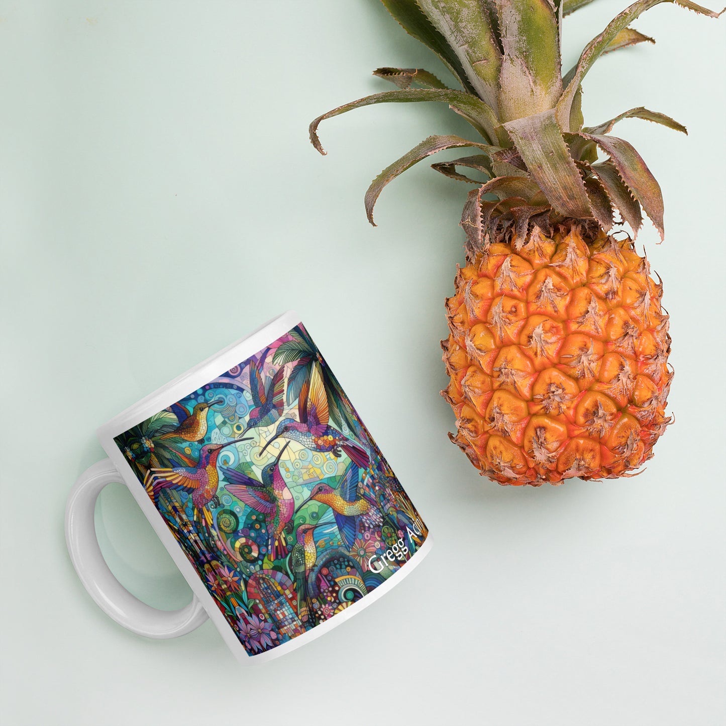 Hummingbird Kaleidoscope White glossy mug by Gregg Acini Adoree Designs