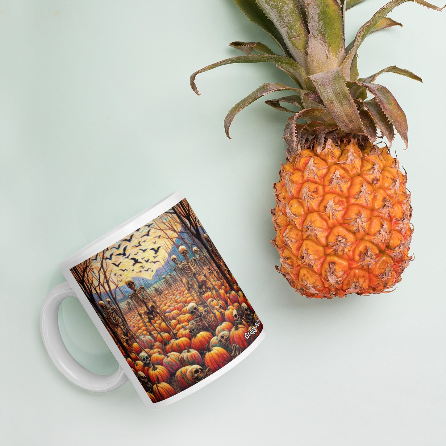 Halloween Skeletons and Pumpkins White glossy mug by Gregg Acini Adoree Designs