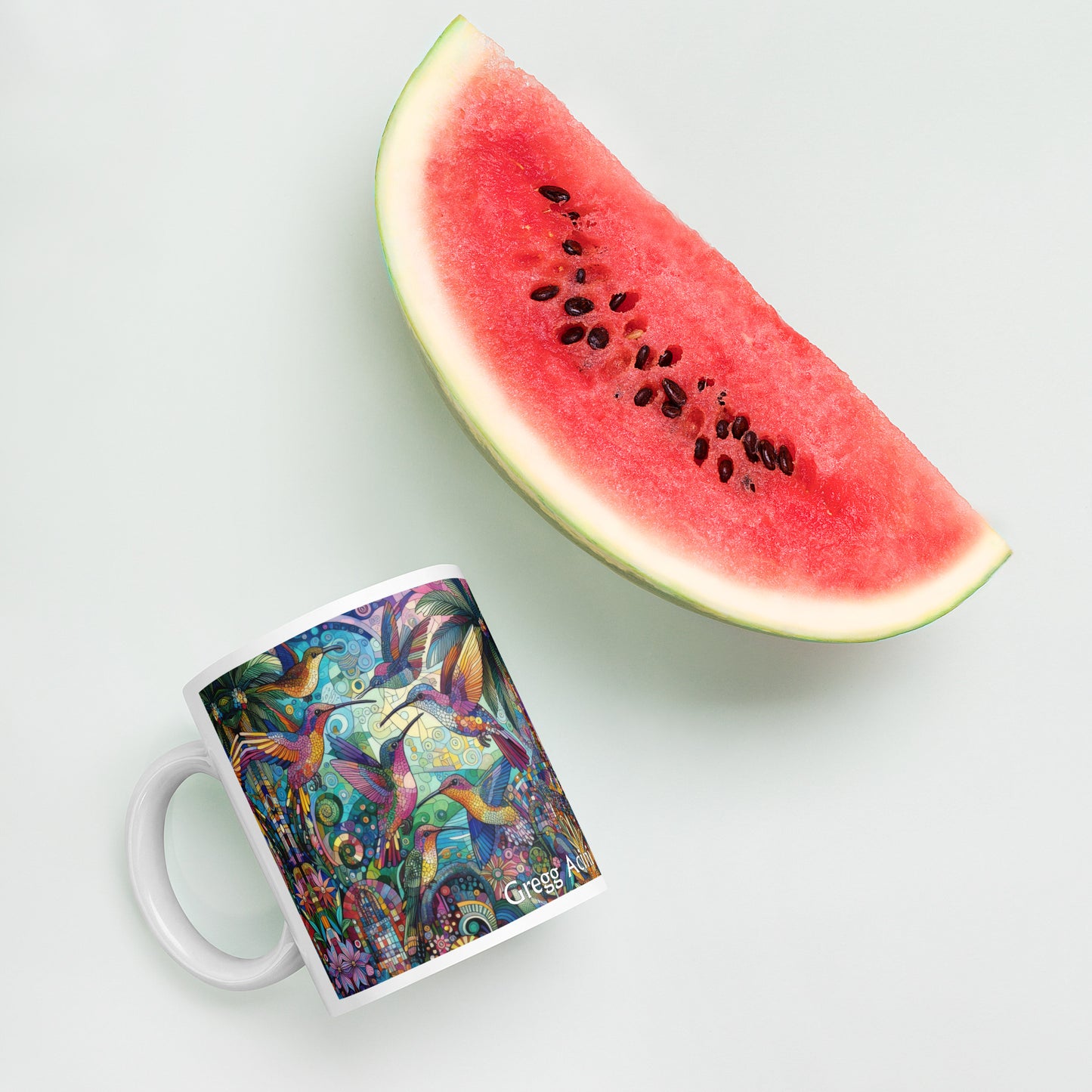 Hummingbird Kaleidoscope White glossy mug by Gregg Acini Adoree Designs