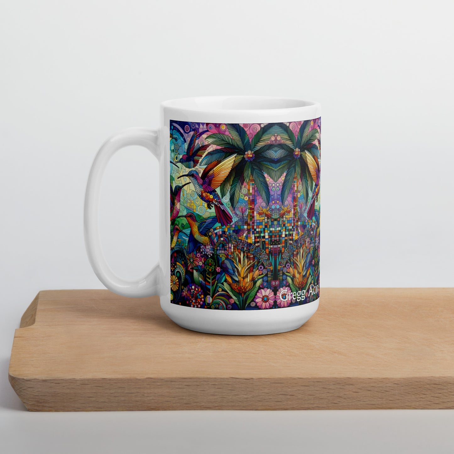 Hummingbird Kaleidoscope White glossy mug by Gregg Acini Adoree Designs