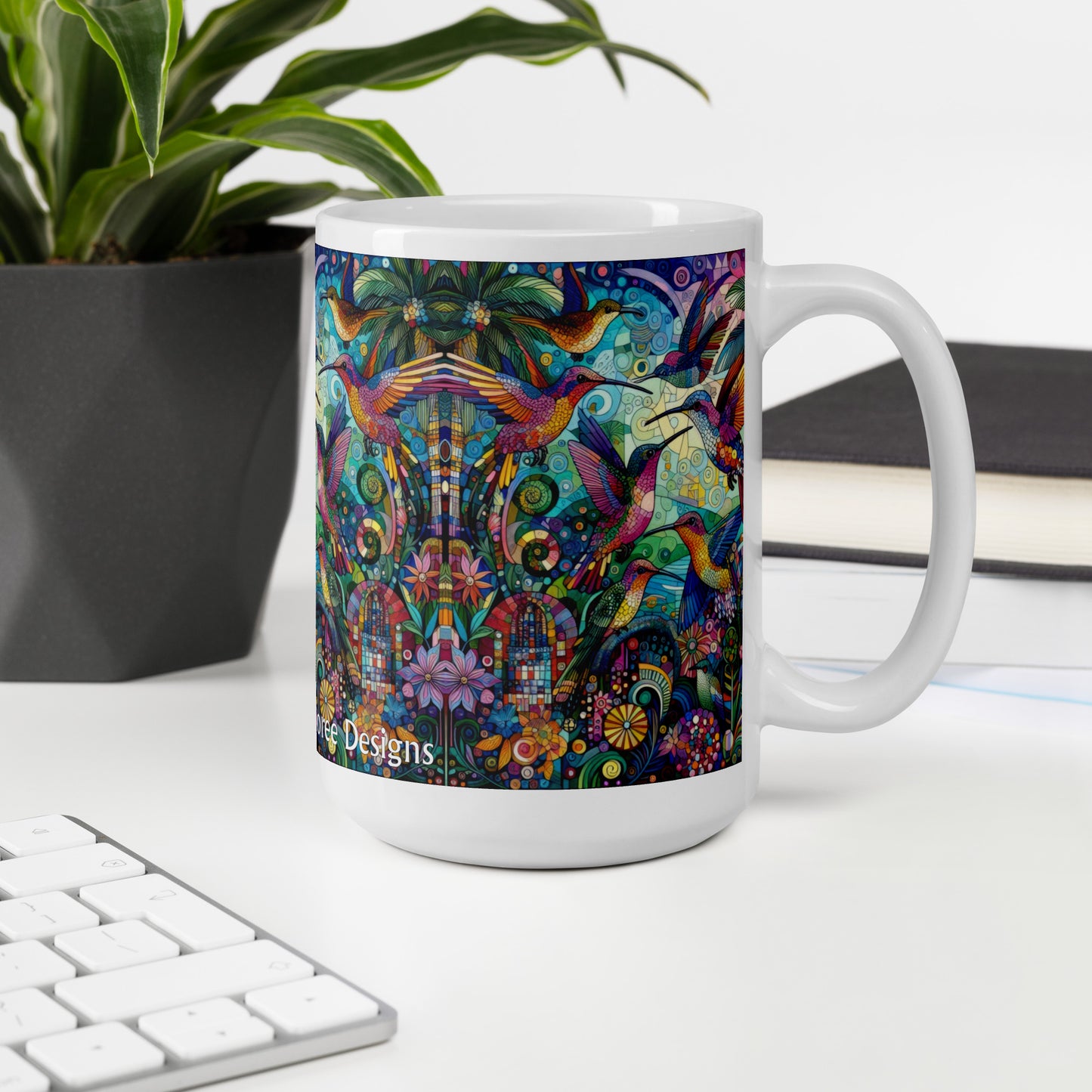 Hummingbird Kaleidoscope White glossy mug by Gregg Acini Adoree Designs