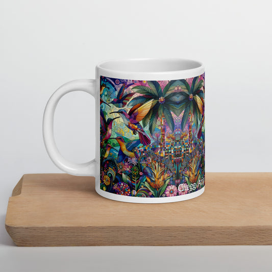 Hummingbird Kaleidoscope White glossy mug by Gregg Acini Adoree Designs