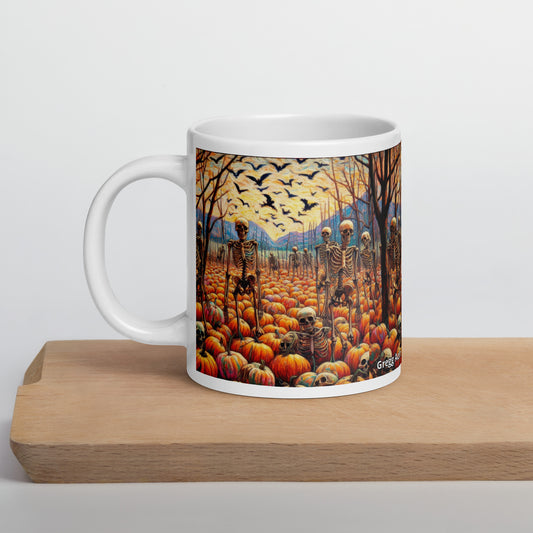 Halloween Skeletons and Pumpkins White glossy mug by Gregg Acini Adoree Designs