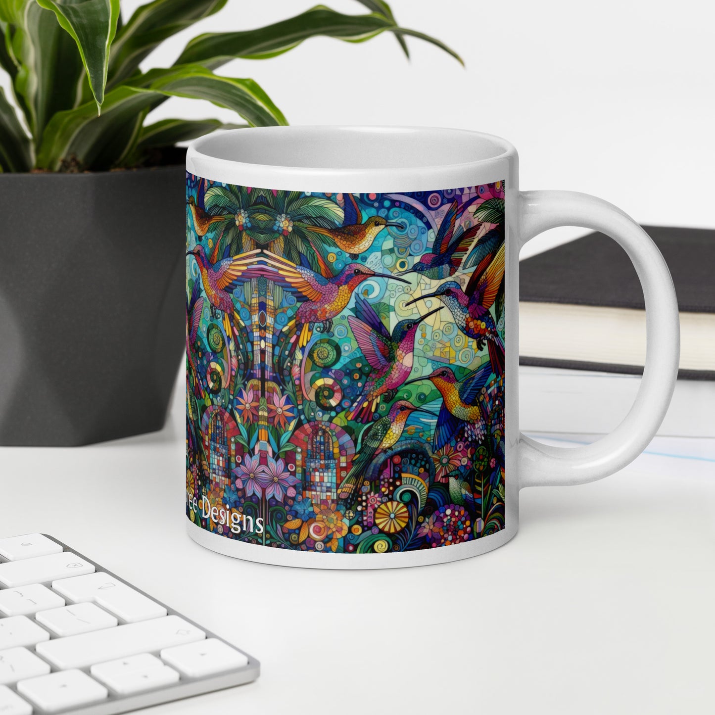 Hummingbird Kaleidoscope White glossy mug by Gregg Acini Adoree Designs